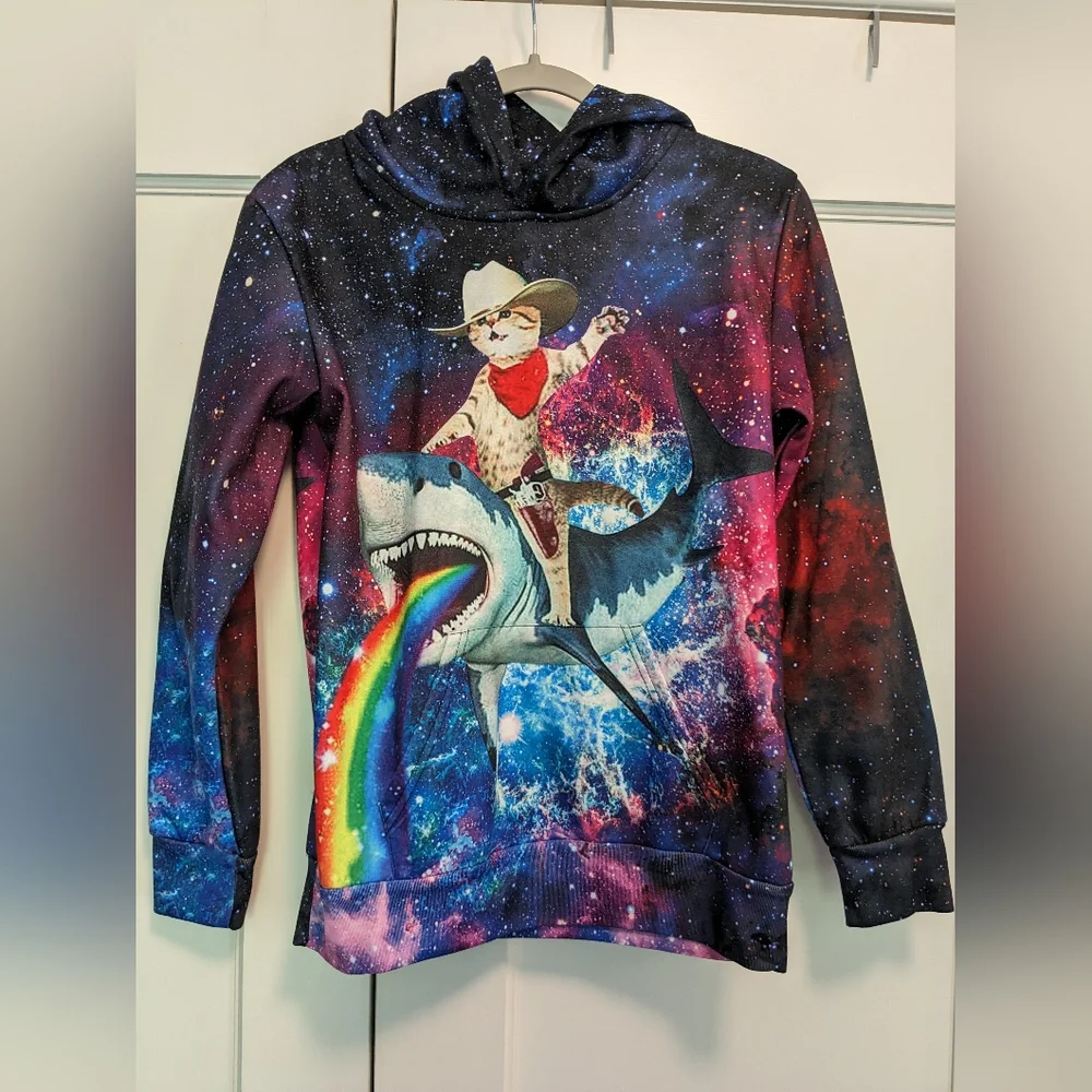 UNICOMIDEA Hoodie Pullover Cat & Shark In Space Purple Xxl